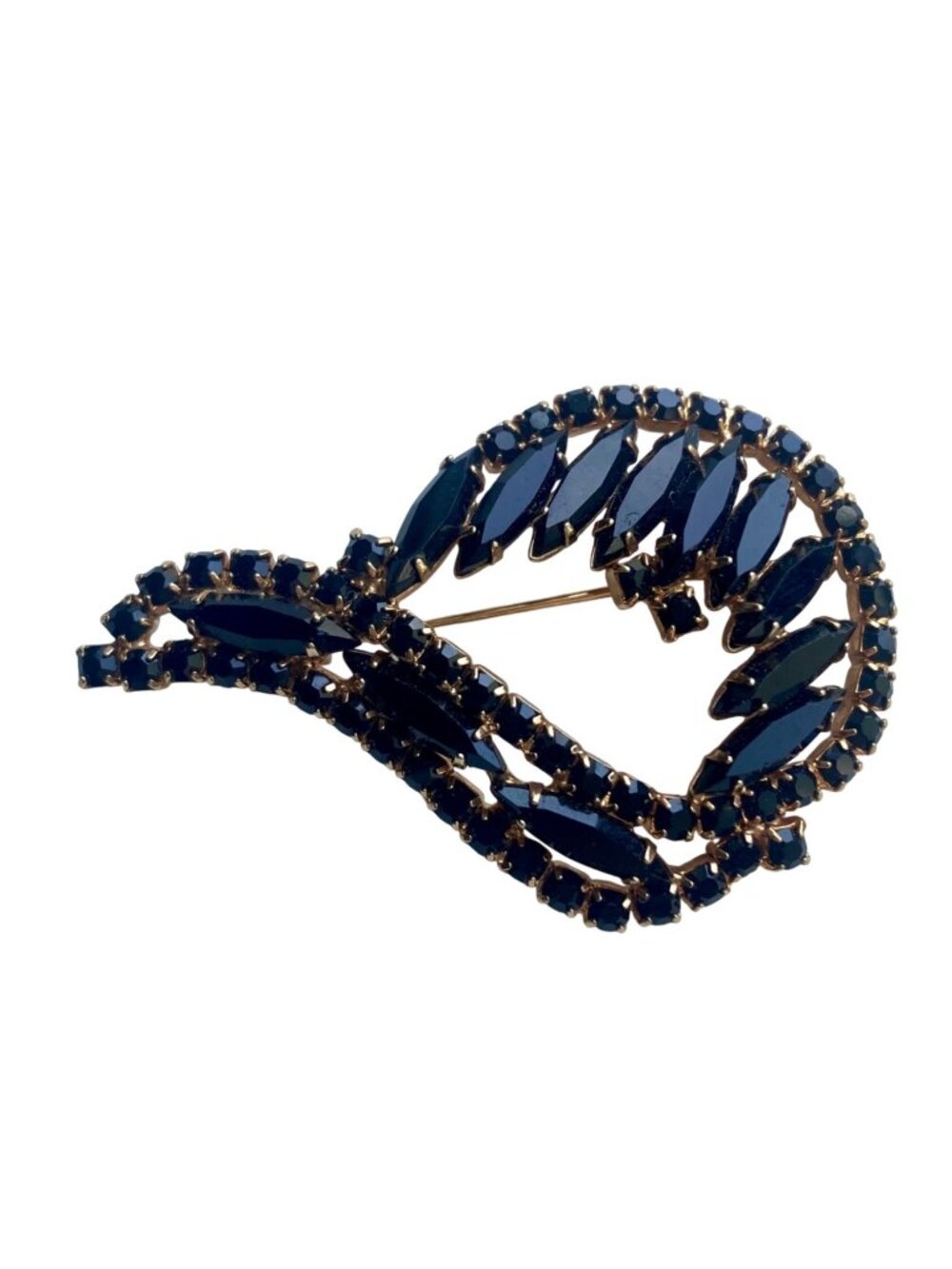 Vintage Black Navette Rhinestone Brooch Gold Tone Swirl Leaf Whimsigoth Evening